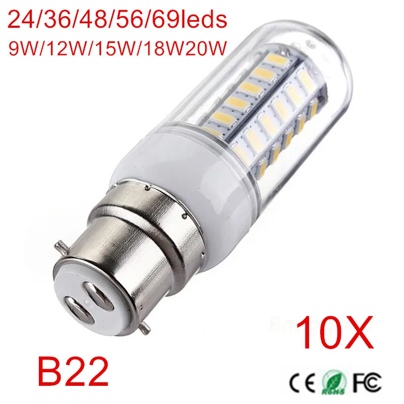 

High Power AC220V 230V 240V LED Lamp 5730 SMD LED Bulb B22 Corn 24 36 48 56 69 Leds 9W/12W/15W/18W/20W LED Light Candel Lighting