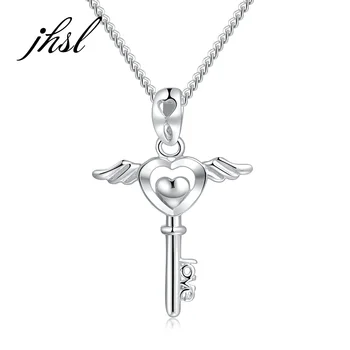 JHSL Brand Fine Jewelry Real S925 Sterling Silver Female Girls Women Necklaces Chain & Pendants Angel Key Design