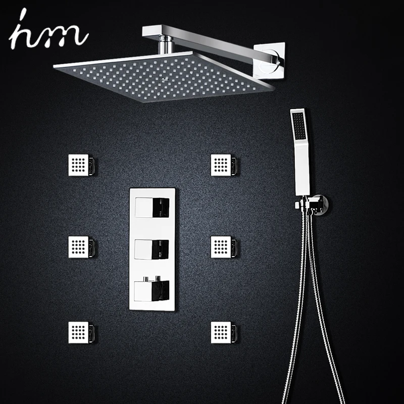 

hm Thermostatic Bath Room Shower Faucets 10" Mixing-valve Wall-mounted Shower Head 6 Massage Jets Spa Body Spray Shower Set