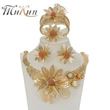 MUKUN Mode Blume Gold Farbe Schmuck-Set Afrikanische Perlen Hochzeit Erklärung Big Halskette Armband Ohrringe Ring(China)