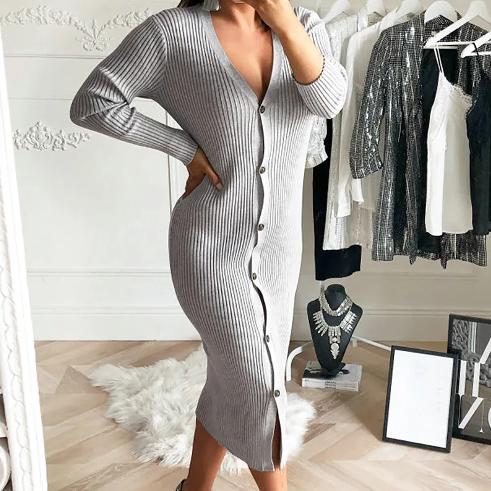 FeiTong Gray knitted sweater dress Casual v neck pullover bodycon sexy dress female Button midi dress 2019 streetwear
FeiTong Gray knitted sweater dress Casual v neck pullover bodycon sexy dress female Button midi dress 2019 streetwear