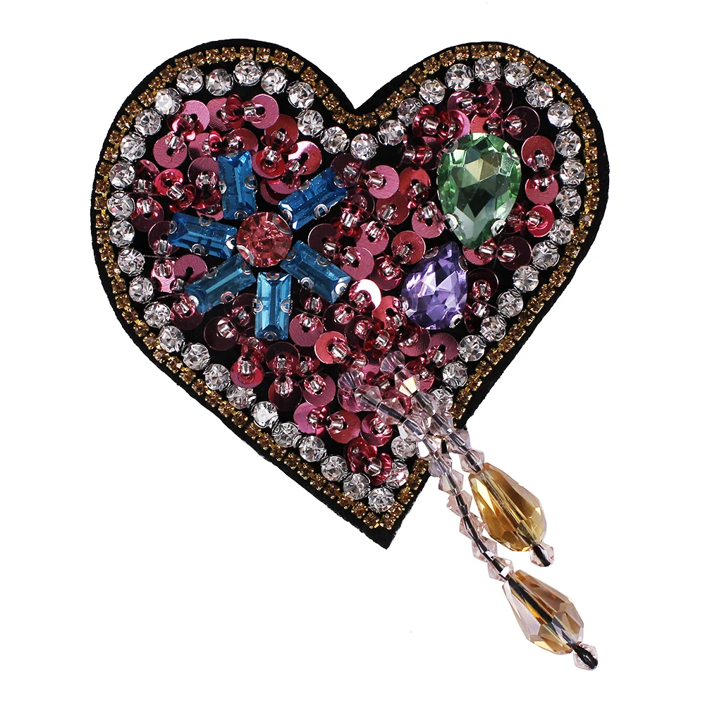 

10pieces Rhinestones Heart Fringe Beads Patches Sequins Applique Gold Crystal Diamond Badges Clothes Decorated Craft TH772