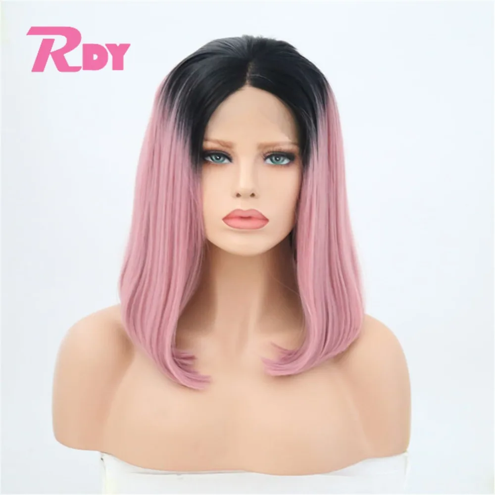 Фото RONGDUOYI Ombre Black Pink Short Synthetic Lace Front Wig Middle Part Two Tone Color Bob Wigs for Women | Шиньоны и парики