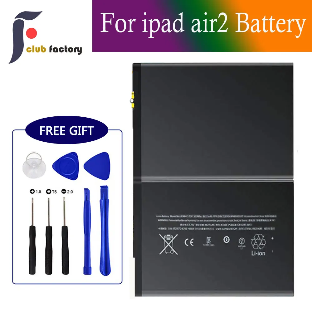 club factory Replacement Battery for iPad Air 2 or iPad 6, Full 7340mAh 0 Cycle Battery - Include Complete Repair Tool Kits
club factory Replacement Battery for iPad Air 2 or iPad 6, Full 7340mAh 0 Cycle Battery - Include Complete Repair Tool Kits