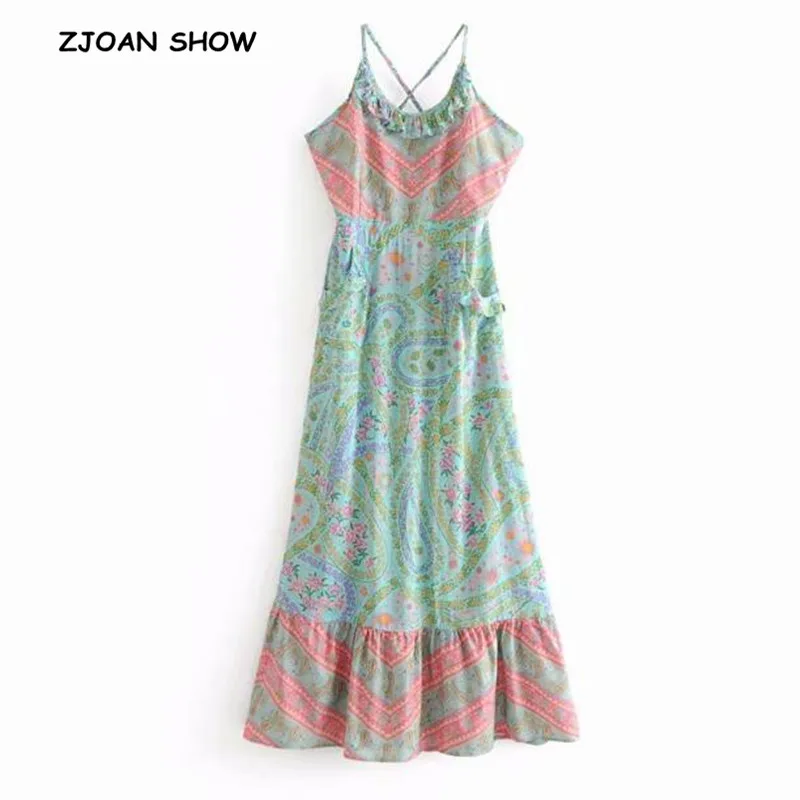 Bohemia Floral Print Ruffles Spaghetti Strap Back Cross Lacing up Bow Hollow Out Dress Maxi Long A-Line Dress Beach Ethnic 2018
Bohemia Floral Print Ruffles Spaghetti Strap Back Cross Lacing up Bow Hollow Out Dress Maxi Long A-Line Dress Beach Ethnic 2018