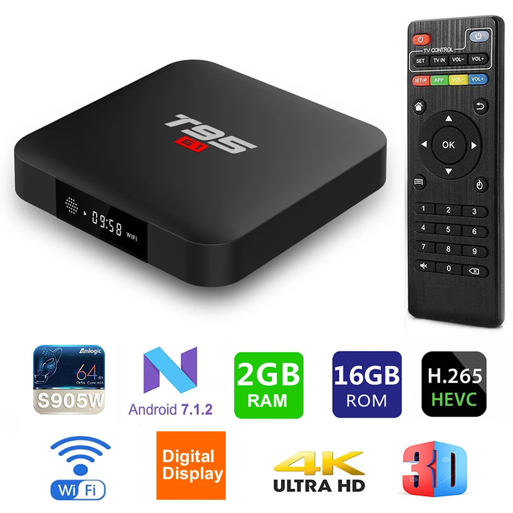 

T95 S1 Smart TV Box Amlogic S905W 2GB Ram 16GB Rom Digital Display Android 7.1 WIFI 3D H.265 4K Set Top Box PK X96 mini TX3 mini