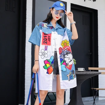 European station tide brand cartoon sequin print denim stitching shirt female long section ageing thin coat summer
European station tide brand cartoon sequin print denim stitching shirt female long section ageing thin coat summer