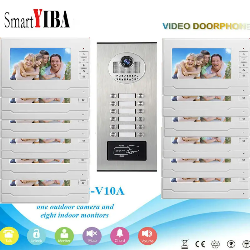 

SmartYIBA 12~2 Units Video Intercom Apartment Door Phone System HD Camera 7" Monitor video Doorbell with 2 pcs RFID Card Unlock