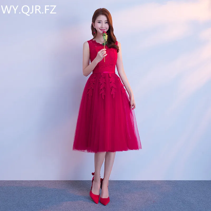 JYX79S # платья подружек невесты винно красного цвета с круглым вырезом и плечами на