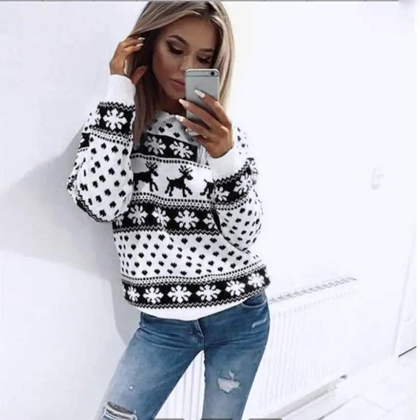 MIARH Women Sweater Christmas Red deer and maple leaf pattern Snowflake Printed shirts Long Sleeve Casual Crochet Pullover Mujer | Женская