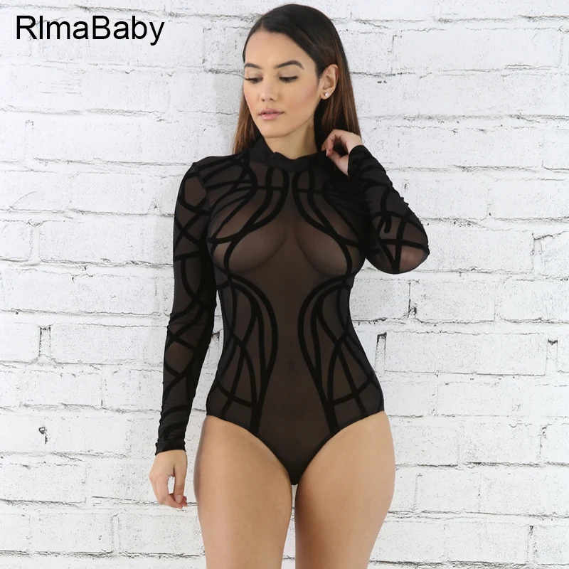 RlmaBaby Сексуальный Черный Стекаются Сетка Цельный Боди Тонкий О Образным Вырезом С
