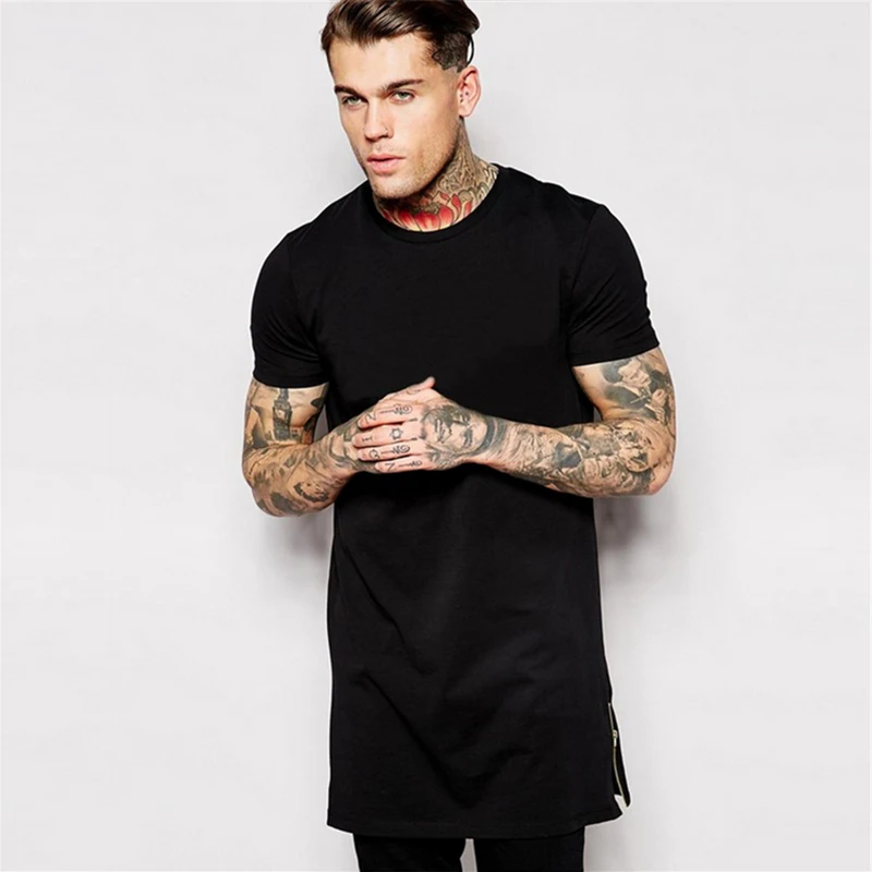 

Fashion Men Hip Hop Longline T-Shirts Side Zip Tshirt Male Big and Tall Long T shirt White Black Clothes Streetwear Top Tees 50