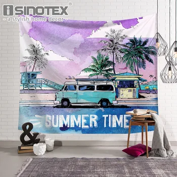 

Sunset Coastal Scenery Wall Hanging Tapestry Surfboard Decor Blanket Beach Palm Coconut Tree Bus Printed Towel Decor