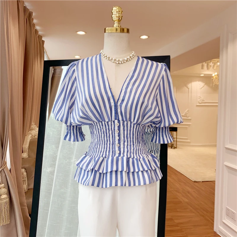 HIGH QUALITY Newest 2019 Fashion Runway Designer Tops Women's V-neck Striped Blouse
HIGH QUALITY Newest 2019 Fashion Runway Designer Tops Women's V-neck Striped Blouse