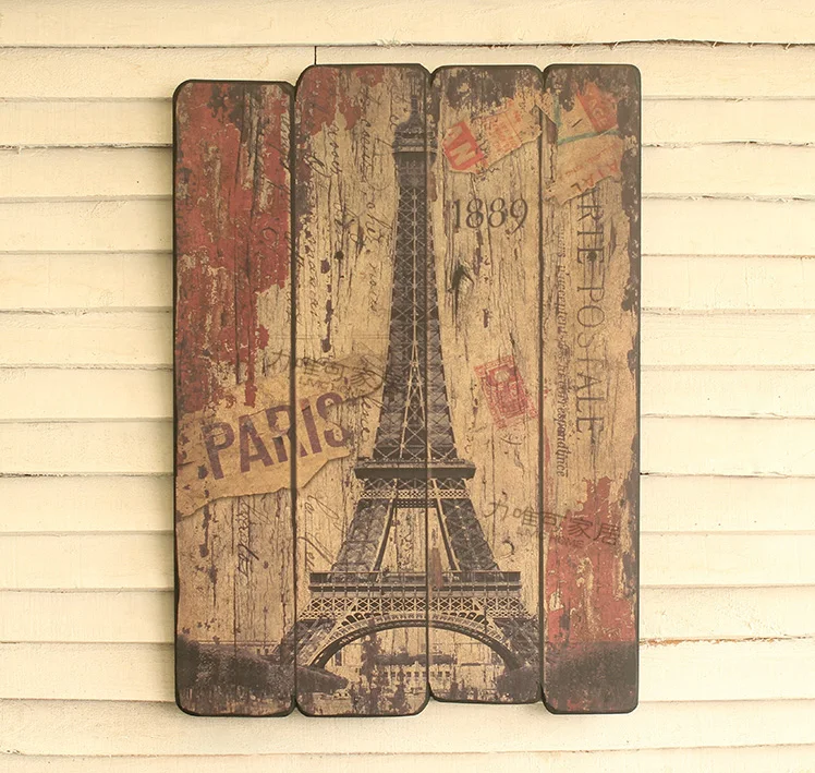 

American antique do the old mural of New York Empire State Building, the Eiffel Tower, Big Ben, London wood painting decorative