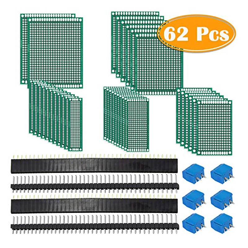 62Pcs PCB Board Kit Includes 32Pcs Double Sided Prototype Boards 20Pcs Header Connector and 10 Pcs Screw Terminal Blocks
62Pcs PCB Board Kit Includes 32Pcs Double Sided Prototype Boards 20Pcs Header Connector and 10 Pcs Screw Terminal Blocks