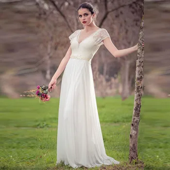 new Cap Sleeve Beach Wedding Dress Elegant V Neck A Line Backless Floor Length White Ivory Lace Chiffon with Sashes Bridal Gown
new Cap Sleeve Beach Wedding Dress Elegant V Neck A Line Backless Floor Length White Ivory Lace Chiffon with Sashes Bridal Gown