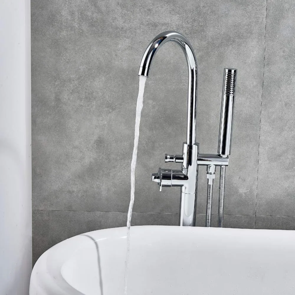 Bathroom Bathtub Tap Shower System Chrome Thermostatic Handle Dual Function Hand Shower and Filler Spout Floor Mounted003