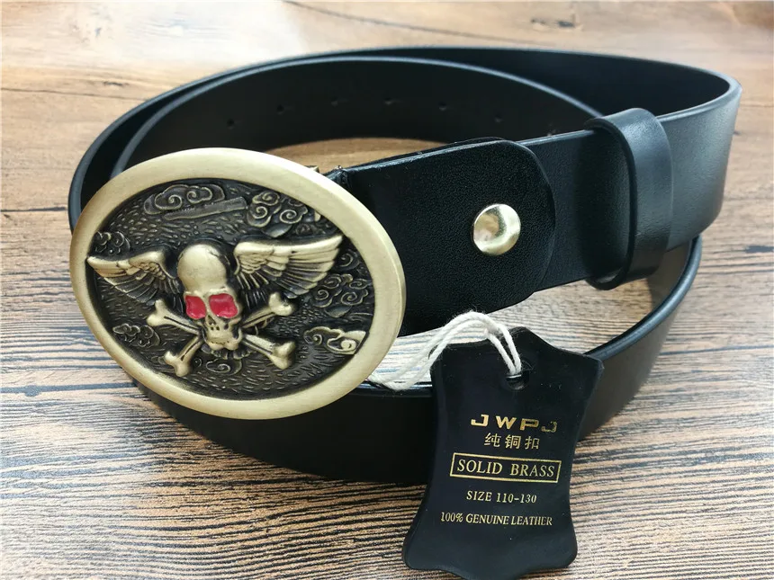 

solid brass buckle 2016 Belt Cummerbunds Real Leather 38mm skull Buckle Belt Black Designer Belt For Men High Quality