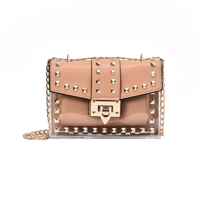 Small Clear Brand Designer Woman 2019 New Fashion Girl Messenger Bag Chains Shoulder Female Rivets Transparent Square PU | Багаж и сумки