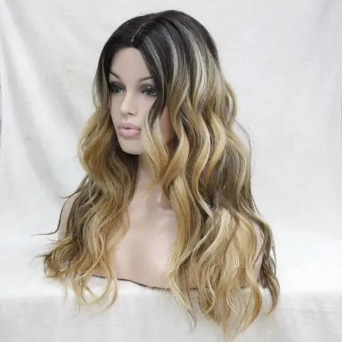 

Heat Ok Ombre Dark Brown w/ Golden Blonde Wavy Long Wig small edge lace front