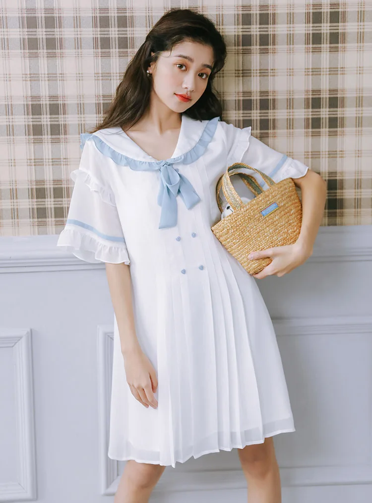 Cute Women's Summer Chiffon White Dress Light Blue Trim Bow Necktie Casual Short Sleeve One Piece Sweet Girl
Cute Women's Summer Chiffon White Dress Light Blue Trim Bow Necktie Casual Short Sleeve One Piece Sweet Girl