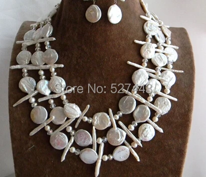 Wholesale hot sale>>>>>>>3Strands 117-19'' White Coin Biwa Round Freshwater Pearl Necklace Earring Set
Wholesale hot sale>>>>>>>3Strands 117-19'' White Coin Biwa Round Freshwater Pearl Necklace Earring Set