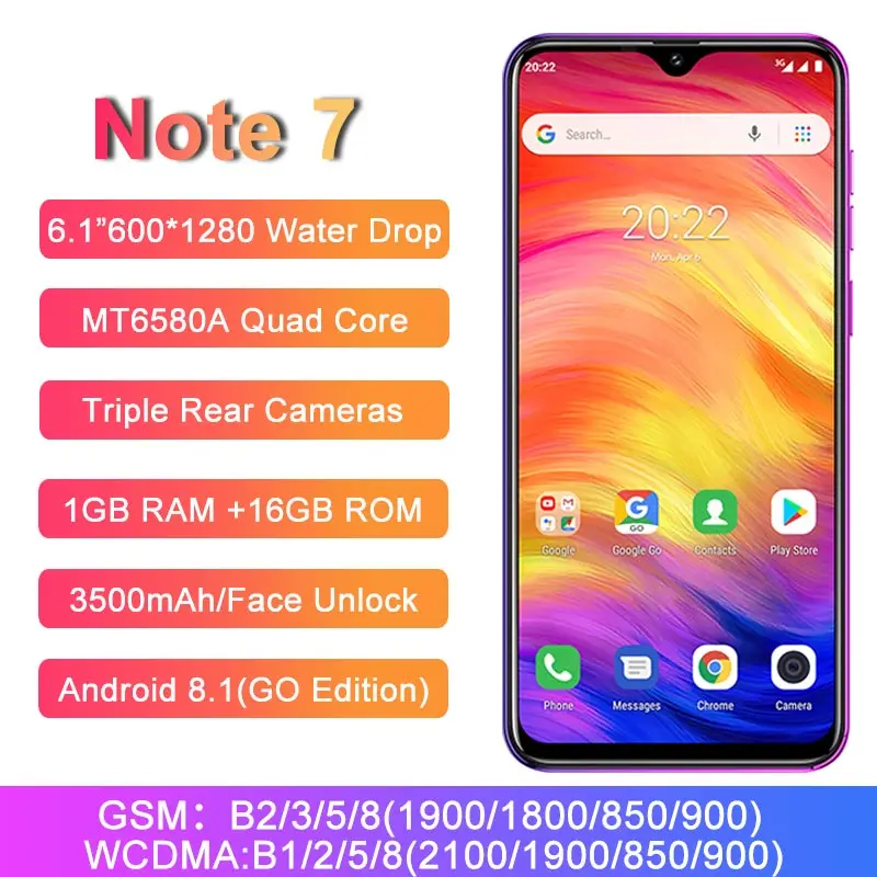 Ulefone Note 7 NEW Smartphone Waterdrop Screen 6.1" 19:9 Quad Core 16GB ROM 3500mAh Face ID Three Rear Cameras Android 8.1
Ulefone Note 7 NEW Smartphone Waterdrop Screen 6.1" 19:9 Quad Core 16GB ROM 3500mAh Face ID Three Rear Cameras Android 8.1