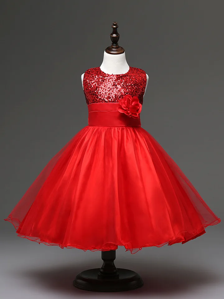 fashion knee length sleeveless sequined girls red wedding dress for kids