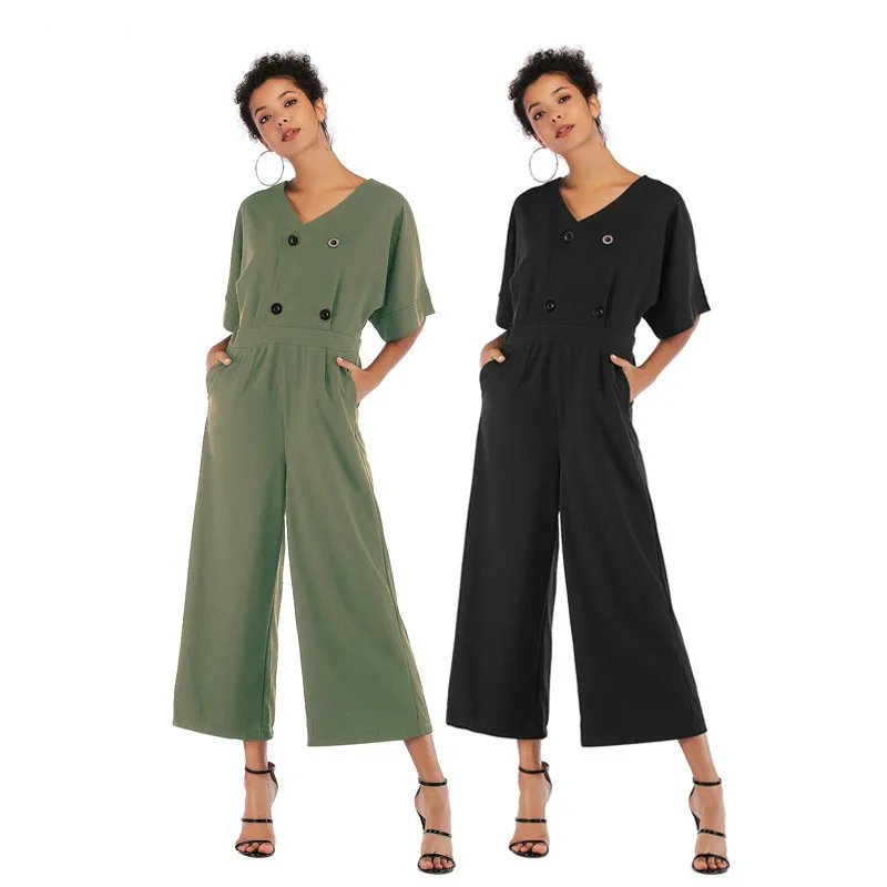 Romper Women 2019 Summer Solid Chiffon Jumpsuit Five-Point Sleeve V-Neck Natural Waist Button Overalls Femme Straight Nine pants 
Romper Women 2019 Summer Solid Chiffon Jumpsuit Five-Point Sleeve V-Neck Natural Waist Button Overalls Femme Straight Nine pants