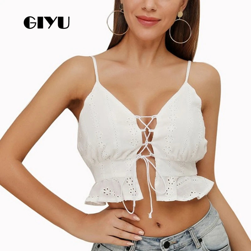 GIYU Summer White Camis Sleeveless Skinny Ruffles Crooped Women Sexy Lace Up Short Strap Tops Female crop top debardeur femme
GIYU Summer White Camis Sleeveless Skinny Ruffles Crooped Women Sexy Lace Up Short Strap Tops Female crop top debardeur femme