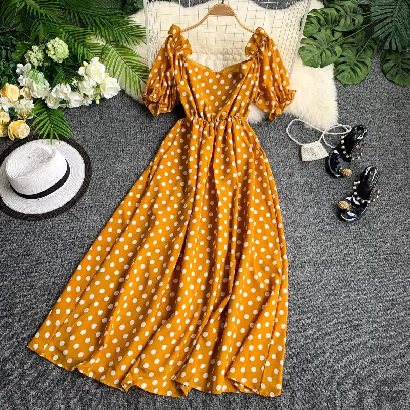 Ins V Neck Short Sleeve Close Waist Thin Casual Dress Women Dot Print Vintage Elegant Vestidos G895
Ins V Neck Short Sleeve Close Waist Thin Casual Dress Women Dot Print Vintage Elegant Vestidos G895