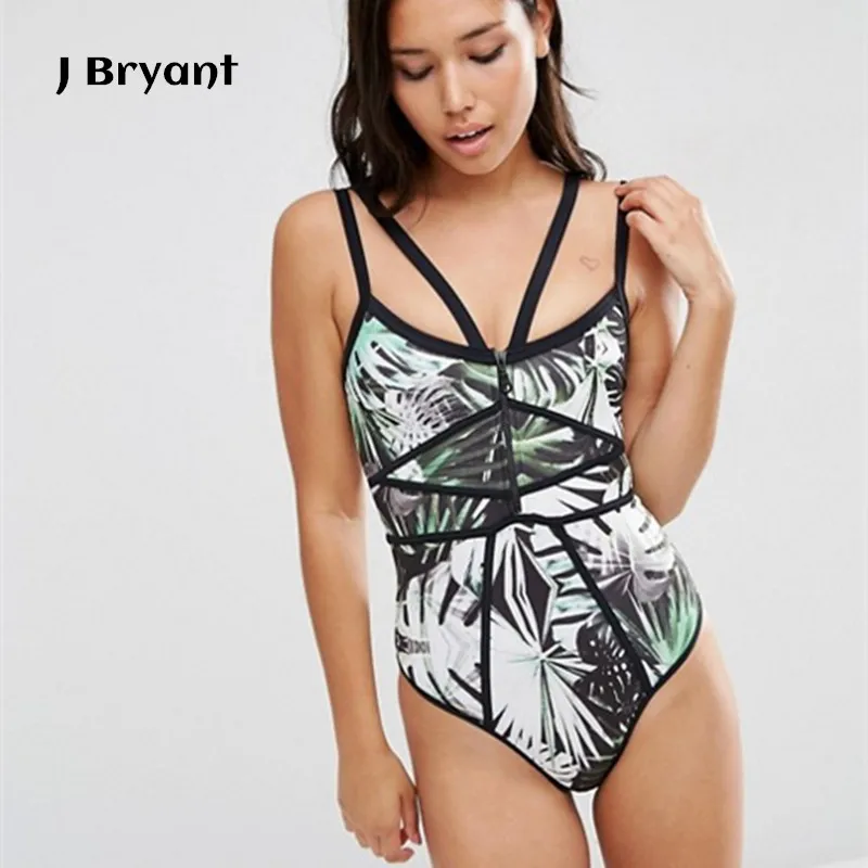 Image 2017 one piece Swimsuit tropical foliage print tummy control Women Swimwear  half zip closure front Push Up Beach Bathing Suits