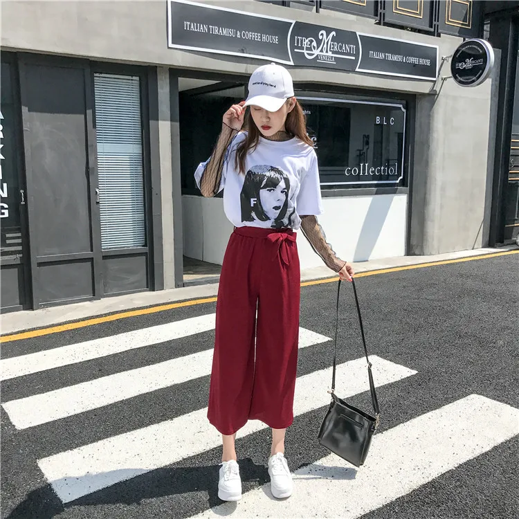 Plus Size - Casual Elastic Waist Loose Wide Leg Pants Preppy Style Trousers Female Palazzo Pants (Us 18W-20W)