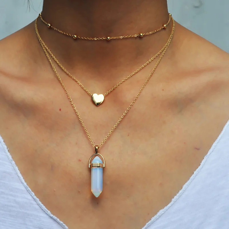 Fashion Bohemian Multi Layer Necklace Natural Stone Aura Quartz Pendant Neckalce Gold Color Heart Necklace Women Healing Crystal Jewelry (1)