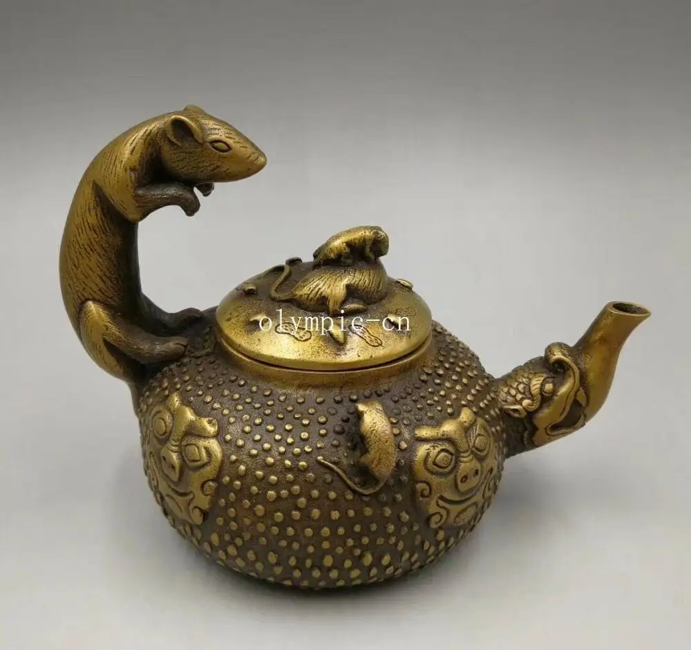 

13cm brass copper carvings beast animal dragon mouse rat pot cup jar teapot