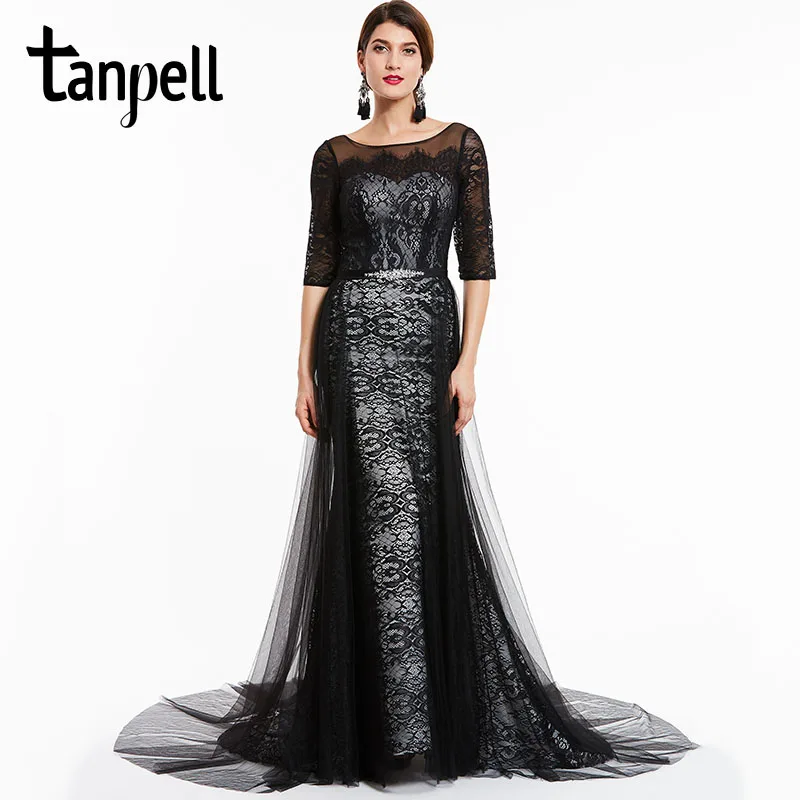 Tanpell court train evening dresses black bateau neck half sleeves floor length a line dress lace formal party long evening gown
Tanpell court train evening dresses black bateau neck half sleeves floor length a line dress lace formal party long evening gown