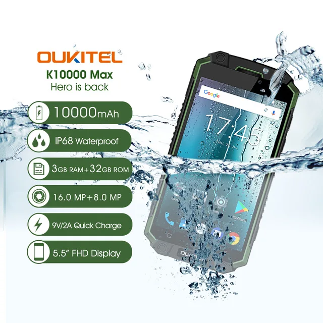 Oukitel K10000 Max 3GB RAM 32GB ROM IP68 Waterproof Dustproof Shockproof Mobile Phone Android 7.0 MT6753 Octa Core5.5" 10000mAh
Oukitel K10000 Max 3GB RAM 32GB ROM IP68 Waterproof Dustproof Shockproof Mobile Phone Android 7.0 MT6753 Octa Core5.5" 10000mAh
