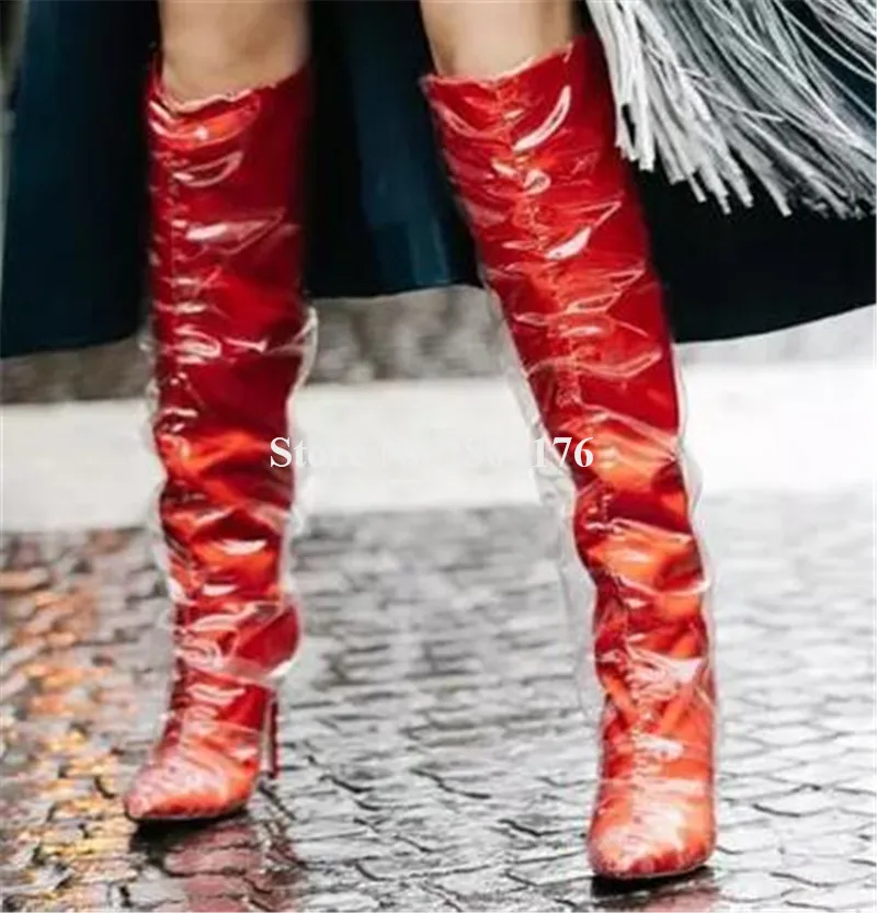 

2018 Newest Women Fashion Autumn Winter Pointed PVC Caged Thin Heel Knee High Boots Transparent Satin Long High Heel Boots