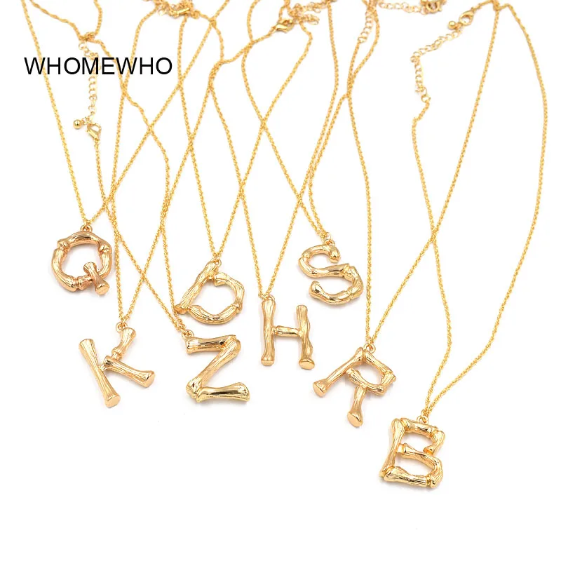 

Gold Hammered Metal Bamboo 26 Letter Alphabet A-Z Minimalist Initial Statement Pendant Necklace Fashion Twist Long Chain Jewelry