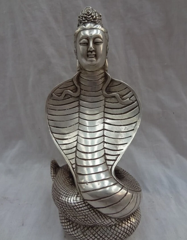 

song voge gem S2813 8" Chinese Silver Buddhist Kwan-Yin Head Snake Buddha Bronze GuanYin God Statue