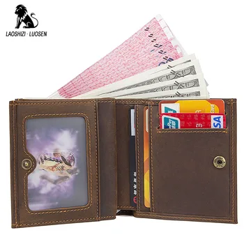

LAOSHIZI LUOSEN Bifold Wallet Men Crazy Horse Genuine Cowhide Leather RFID Wallet Short Wallet Man Casual Purse Men Card Holder