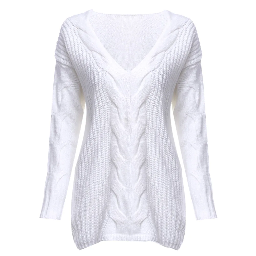 AZULINA Brief V-Neck Oversize Knitted Sweater Pullover Women 2017 Autumn Winter Drop Shoulder Loose White Sweater Pull Femme 2