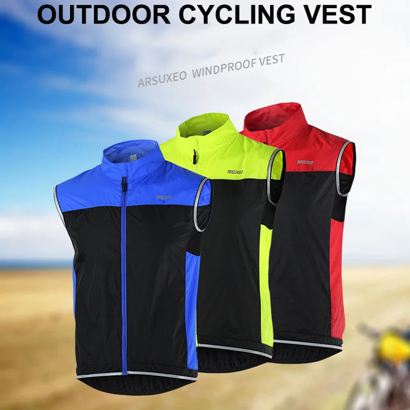 

ARSUXEO Men Cycling Vest Windproof MTB Bike Bicycle Breathable Reflective Safety Clothing Running Cycling Jacket Sleeveless