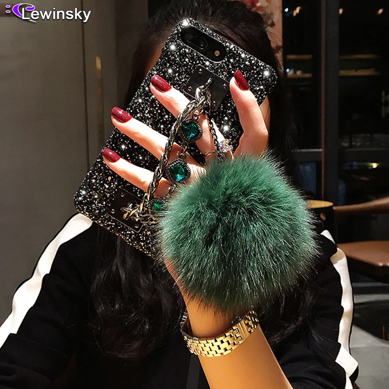 

For iPhone XS Max XR Case Glitter Luxury Bling Diamond Gem Bracelet Chain Tassel Fox Fur Ball Cover For iPhone 7 8 Plus 6 S Case