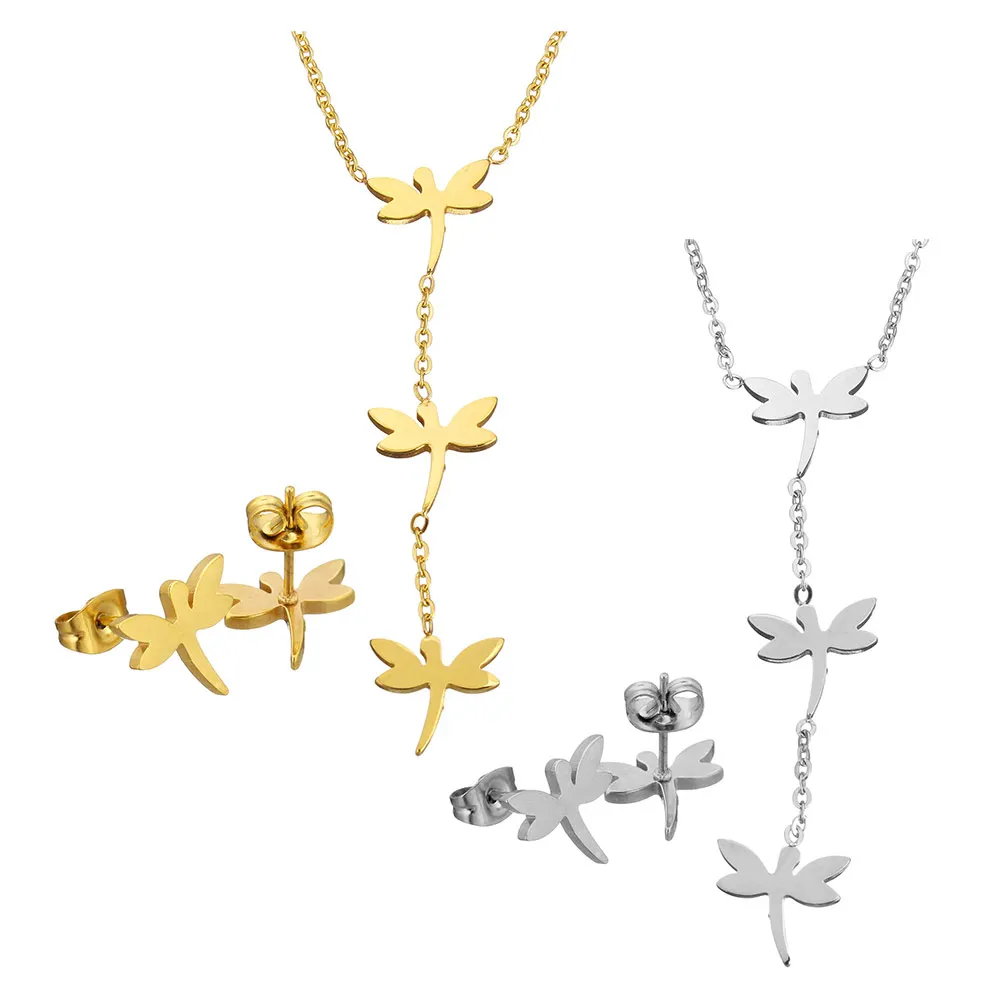 

YYW Trendy Punk Lovely Animal Dangle Stainless Steel Jewelry Pendant Necklace Sets Dragonfly Stud Earring Chain Necklaces Sets