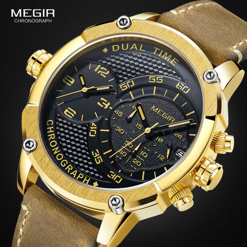 MEGIR Men's Double Time Zone Sports Chronograph Quartz Watches Waterproof Leather Strap Luminous Army Wristwatch fro Man ML2093
MEGIR Men's Double Time Zone Sports Chronograph Quartz Watches Waterproof Leather Strap Luminous Army Wristwatch fro Man ML2093