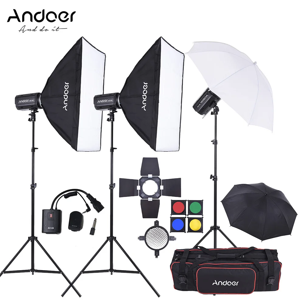 Andoer MD-250 750W (250W * 3) Studio Strobe Flash Light Kit with Light Stand Softbox Lambency Unbrella Barn Door Flash Trigger
Andoer MD-250 750W (250W * 3) Studio Strobe Flash Light Kit with Light Stand Softbox Lambency Unbrella Barn Door Flash Trigger