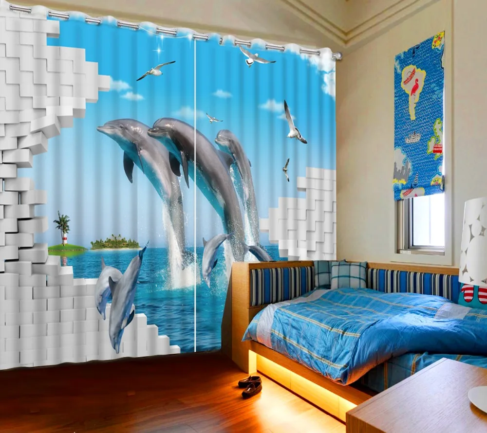 

3D Curtain Fashion Customized Blackout Shade Window Curtains Brick Wall, Sea Dolphins, Bird Curtains For Bedroom Printed Curtain