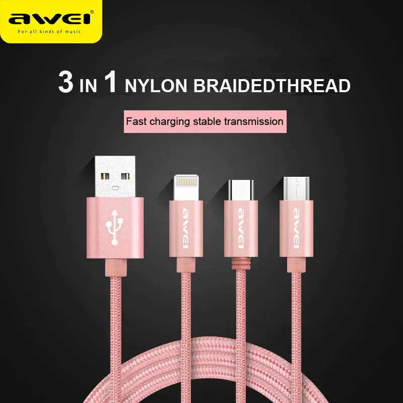 Awei portable data cable 3 in1 Nylon braided wire for lightning micro Type-c for apple for huawei for xiaomi oppo vivo
Awei portable data cable 3 in1 Nylon braided wire for lightning micro Type-c for apple for huawei for xiaomi oppo vivo